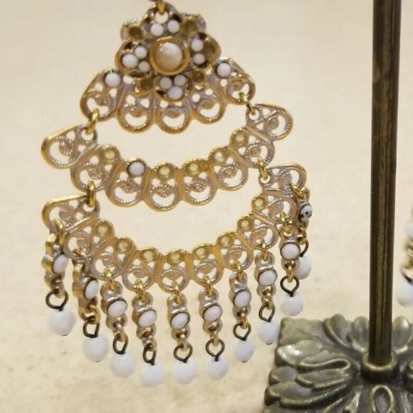 RARE VINTAGE JOSE & MARIA BARRERA WHITE STONE GOLD DROP CHANDELIER EARRINGS - Picture 4 of 10